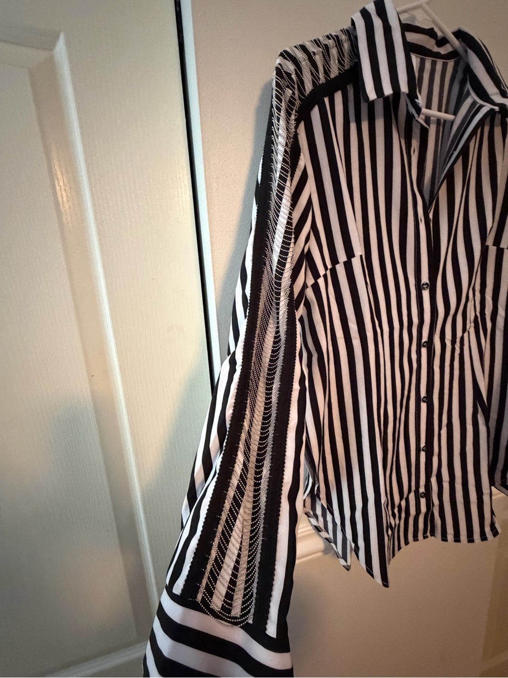 Women’s Black & White Vertical Stripe Button-Down Shirt - Classic Collared Top - Picture 3 of 5